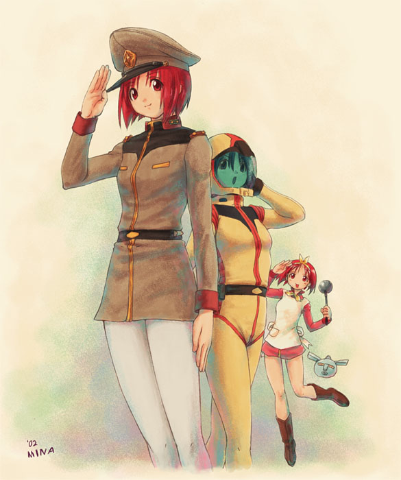 1girl :o :p apron arm_up artist_name belt bodysuit boots brown_boots cosplay crossover emblem frau_bow gundam hair_ribbon hairband hat helmet kamigishi_akari knee_boots ladle long_sleeves looking_at_viewer matilda_ajan military military_uniform mobile_suit_gundam one_leg_raised open_mouth pants pantyhose parody peaked_cap pocket red_eyes redhead ribbon salute sayla_mass short_hair simple_background skin_tight smile standing standing_on_one_leg to_heart tongue tongue_out uniform white_pants white_ribbon yellow_ribbon