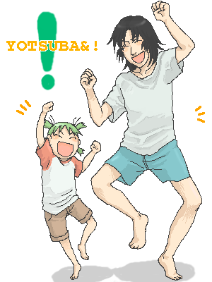 ! 1boy 1girl :d ^_^ age_difference aliasing barefoot black_hair blush boxers closed_eyes copyright_name dancing father_and_daughter green_hair happy koiwai_yotsuba lowres mr_koiwai oekaki open_mouth quad_tails raglan_sleeves shirt short_hair shorts simple_background smile t-shirt underwear white_background yotsubato!