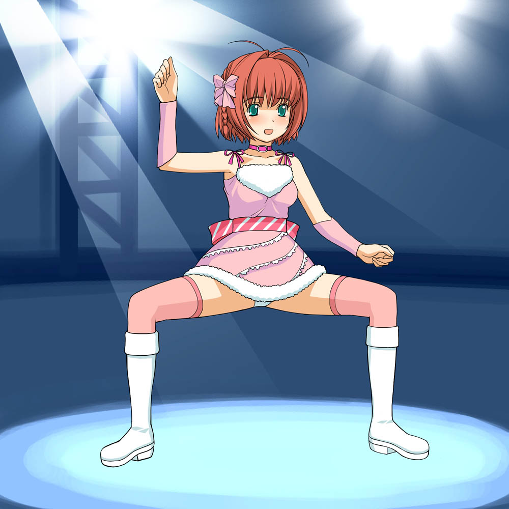 1girl a1 boots collar cosplay crossover cute_&amp;_girly_(idolmaster) dress idolmaster kimi_ga_nozomu_eien panties pantyshot pantyshot_(squatting) parody pink_legwear short_dress snow_strawberry solo squatting suzumiya_haruka takatsuki_yayoi takatsuki_yayoi_(cosplay) thigh-highs underwear upskirt white_panties