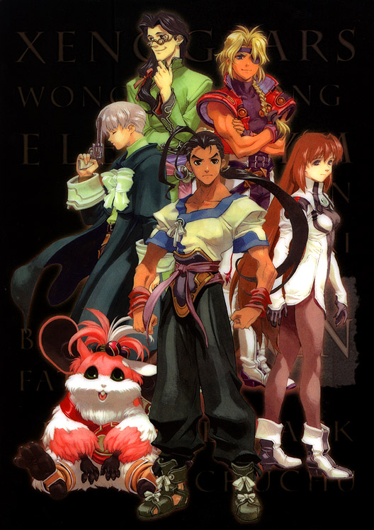 1girl 3boys 90s ahoge ankle_boots bartholomew_fatima billy_lee_black blonde_hair boots braid chu-chu chu_chu_(xenogears) citan_uzuki closed_eyes crossed_arms elhaym_van_houten everyone eyepatch fei_fong_wong glasses gun handgun kunihiko_tanaka long_hair multiple_boys official_art pantyhose ponytail revolver side_ponytail single_braid tanaka_kunihiko very_long_hair weapon xenogears