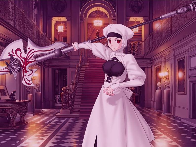 1girl axe chandelier dress fate/hollow_ataraxia fate/stay_night fate_(series) game_cg hood jpeg_artifacts lamp leysritt long_dress painting_(object) picture_(object) picture_frame red_eyes sella solo stairs statue table takeuchi_takashi tile_floor tiles warrior weapon