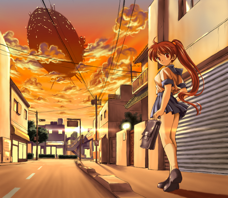 1girl aircraft airship bag black_shoes clouds dirigible flying long_hair orange_sky original pizza_man pleated_skirt ponytail power_lines red_eyes redhead road school_bag school_uniform science_fiction serafuku shoes skirt sky solo street sunset telephone_pole