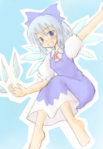 1girl :d bangs blue_background blue_dress blue_eyes blue_hair bow bowtie cirno dress female flying hair_bow ice large_bow looking_at_viewer lowres open_mouth outline pale_color shirt short_hair simple_background smile solo the_embodiment_of_scarlet_devil touhou
