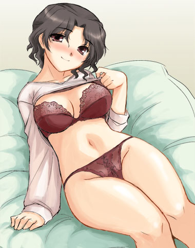 1girl bed blush bra breasts dr.p lace lace-trimmed_bra large_breasts lingerie lowres mature milf no_pants panties purple_bra purple_panties shirt_lift solo to_heart_2 underwear yuzuhara_haruka
