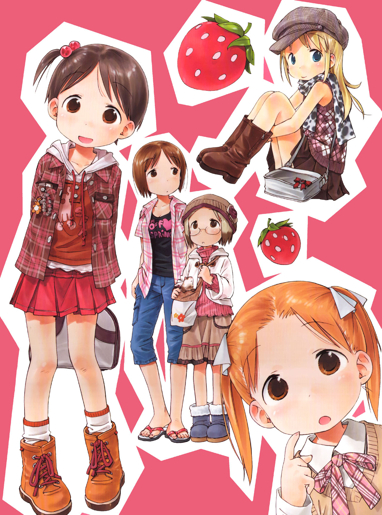 5girls ana_coppola barasui blonde_hair blue_eyes child everyone ferret food fruit hat highres ichigo_mashimaro itou_chika itou_nobue jacket john long_hair matsuoka_miu multiple_girls sakuragi_matsuri short_hair siblings sisters strawberry twintails