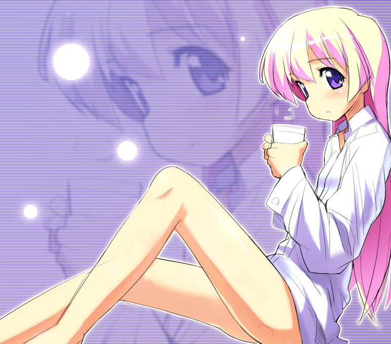 1girl ass blonde_hair cup expressionless legs long_hair looking_at_viewer naked_shirt open_mouth pani_poni_dash! rebecca_miyamoto shirt sikorsky sitting solo very_long_hair violet_eyes zoom_layer