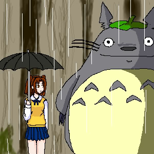 1girl crossover kusakabe_satsuki lowres namesake parody rain studio_ghibli tonari_no_totoro totoro tsukihime umbrella yumizuka_satsuki