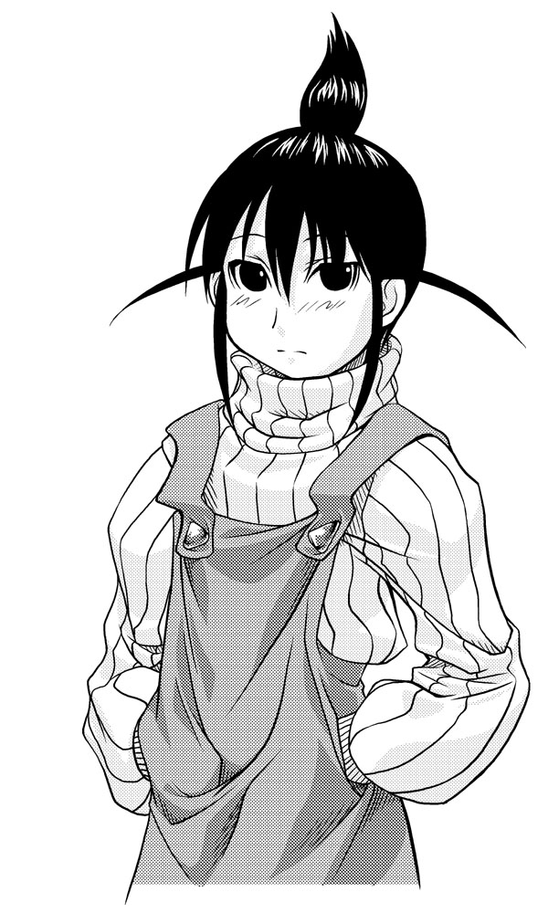 00s 1girl dress genshiken hands_in_pockets high_ponytail jumper long_sleeves looking_at_viewer monochrome ogiue_chika pinafore_dress solo turtleneck yn_red