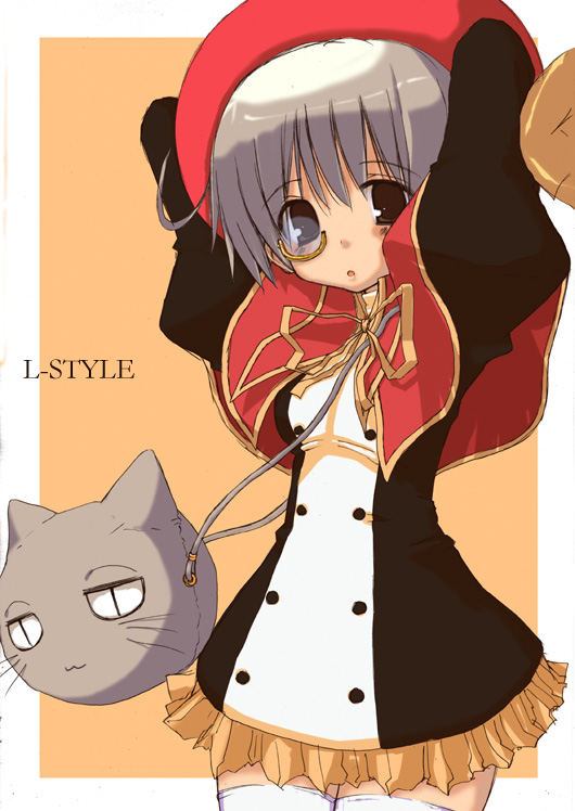 1girl :o arms_up bag black_dress black_eyes blush brown_eyes capelet dress frills glass grey_hair hat kanna_ryouto looking_at_viewer monocle original over_shoulder parted_lips ribbon simple_background solo standing thigh-highs whiskers white_border white_legwear yellow_ribbon zettai_ryouiki