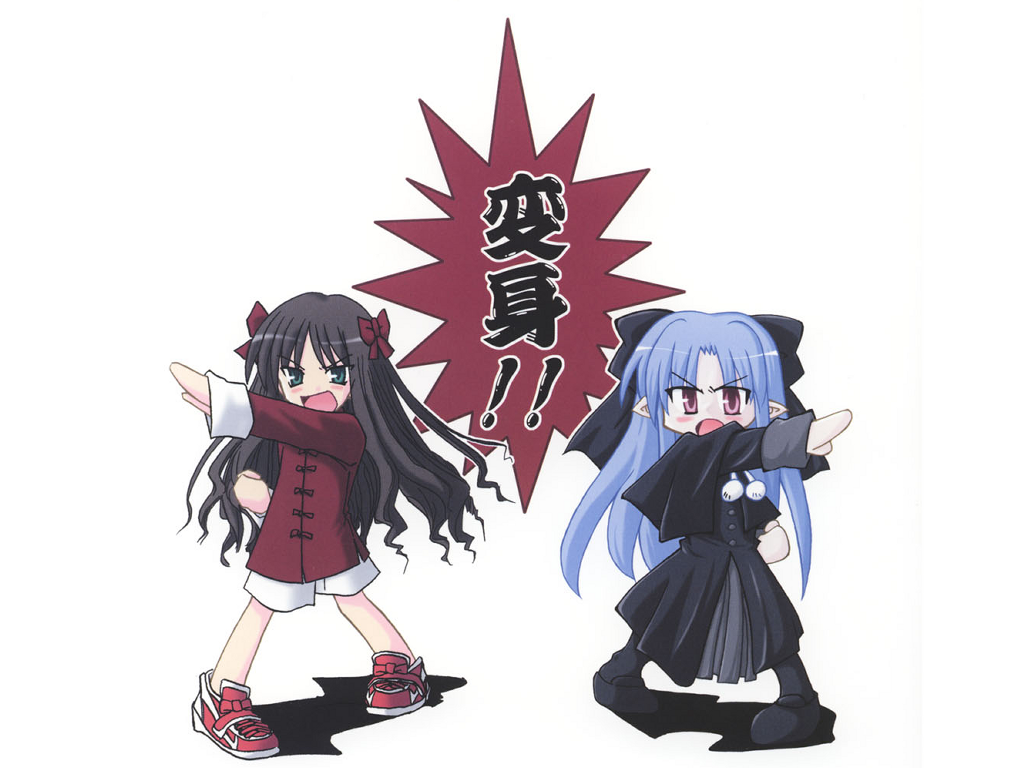 00s 2girls arima_miyako black_legwear blue_hair blush_stickers bow brown_hair capelet fighting_stance floating_hair full_body hair_bow kamen_rider len long_hair melty_blood multiple_girls outstretched_arm pointy_ears pose robe serious shoes shorts sneakers standing tsukihime very_long_hair