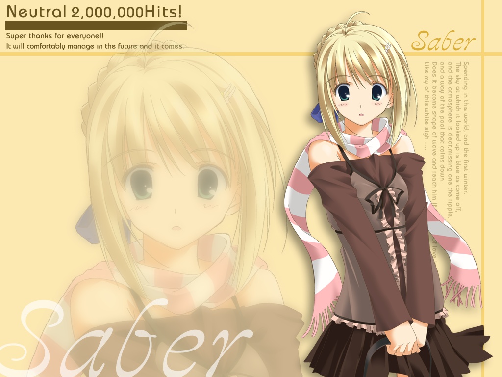 1girl ahoge bare_shoulders blonde_hair casual dress engrish fate/stay_night fate_(series) flat_chest fujitsuki green_eyes hair_ornament hairclip hits miniskirt pleated_skirt ranguage saber scarf skirt solo striped striped_scarf v_arms zoom_layer