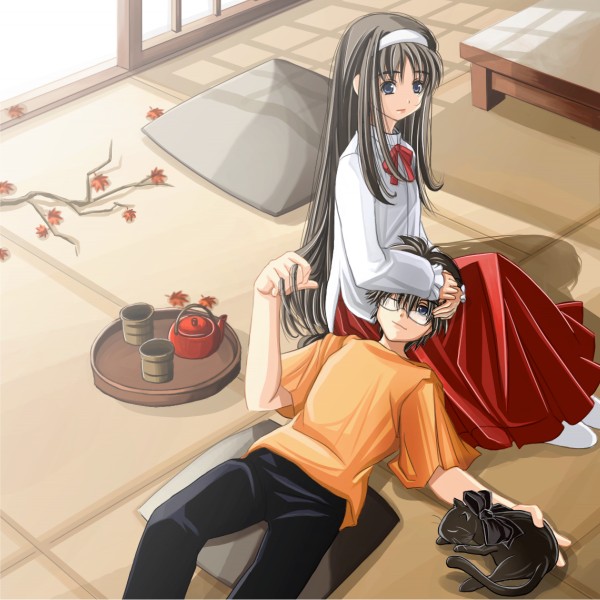 00s 1boy 1girl bow brother_and_sister brown_hair cat cup glasses hand_on_another's_head hand_on_head holding holding_hair indoors lap_pillow len len_(cat) long_hair long_skirt red_skirt siblings sitting skirt teacup tohno_akiha toono_shiki tray tsukihime very_long_hair