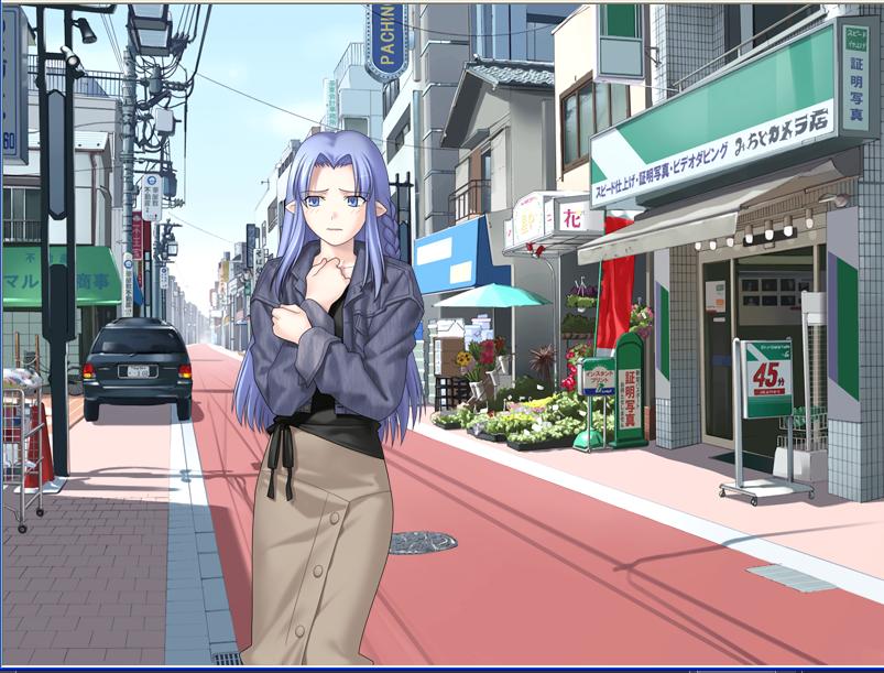 1girl blue_hair braid car caster casual cityscape fate/hollow_ataraxia fate/stay_night fate_(series) flower game_cg ground_vehicle jacket long_hair motor_vehicle pointy_ears power_lines road shadow sign sky solo street takeuchi_takashi telephone_pole tile_wall tiles umbrella vehicle