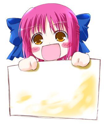 00s 1girl :d blush_stickers bow brown_eyes chibi hair_bow holding kohaku lowres open_mouth pink_hair simple_background smile solo tsukihime white_background