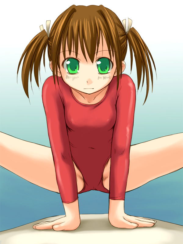 1girl bosshi brown_hair erect_nipples flat_chest green_eyes gymnastics leotard solo split spread_legs twintails