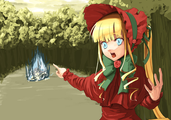 00s 2girls aqua_eyes bad_end blonde_hair blue_eyes blue_fire body_mahattaya_ginga bonnet bow burning capelet crawling death dress drill_hair fire flower forest grey_hair long_hair multiple_girls nature nude open_mouth outdoors pointing ribbon rose rozen_maiden shinku shouting suigintou tree upset very_long_hair
