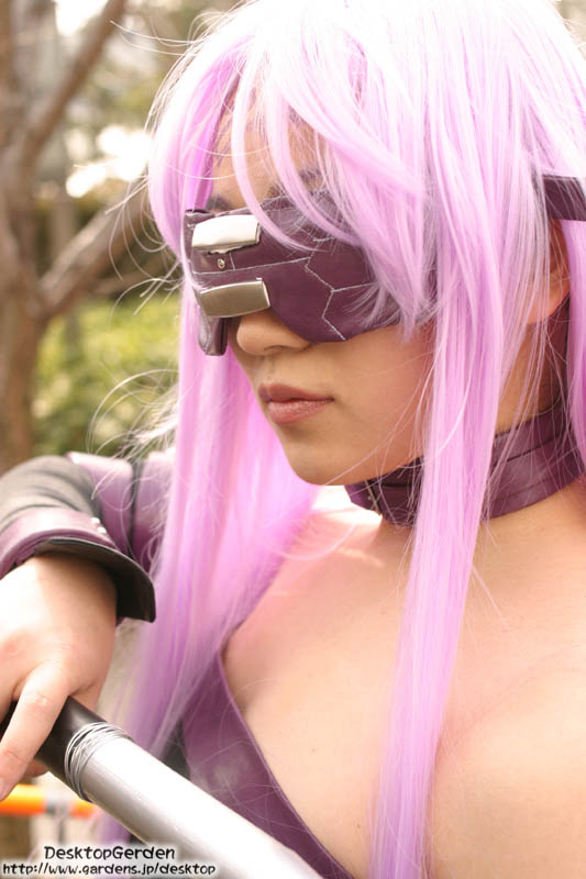 1girl blindfold cosplay dress fate/stay_night fate_(series) photo rider rider_(cosplay) solo strapless strapless_dress