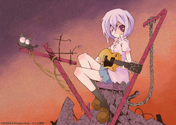 1girl ayanami_rei bandage blue_hair cat chains crossover electric_guitar eyepatch flcl footwear gainaxtop guitar instrument kuma_jet neon_genesis_evangelion parody red_eyes ruins short_hair sitting skirt socks solo takkun takkun_(flcl)