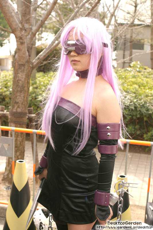1girl blindfold cosplay dress fate/stay_night fate_(series) photo rider rider_(cosplay) solo strapless strapless_dress thigh-highs