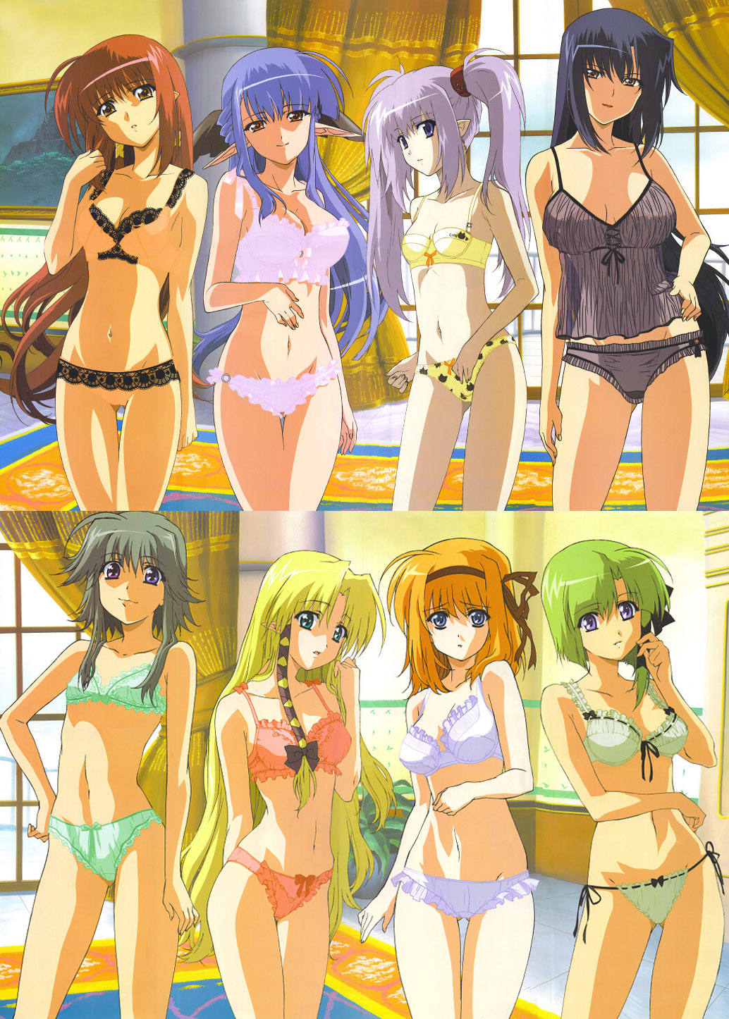 6+girls :o adjusting_hair age_difference ahoge aqua_eyes arm_behind_back asymmetrical_hair bangs benibara_nadeshiko black_hair blonde_hair blue_eyes blue_hair bow bow_bra bow_panties bra breasts breasts_apart brown_eyes camisole cat_print cleavage clenched_hand closed_mouth clothes_writing contrapposto cowboy_shot curtains erect_nipples everyone female flat_chest flipped_hair frilled_bra frilled_panties frills front-tie_top fuyou_kaede green_bra green_hair green_panties grey_hair grey_panties grin groin hair_between_eyes hair_bow hair_ribbon hair_tie hairband half_updo hand_on_hip head_tilt heterochromia highres hips hosoda_naoto indoors kareha lace lace-trimmed_bra lace-trimmed_panties large_breasts legs_apart legs_together light_smile lineup lingerie lipstick lisianthus long_hair long_pointy_ears looking_at_viewer lowleg lowleg_panties makeup mature mayumi_thyme midriff milf multiple_girls navel nerine official_art orange_hair painting_(object) pale_skin panties parted_bangs parted_lips pink_bra pink_panties plant pointy_ears potted_plant primula print_panties purple_panties raised_eyebrows red_bra red_eyes red_panties redhead ribbon ribbon-trimmed_bra ribbon_trim rug scan see-through shigure_asa short_hair short_hair_with_long_locks shuffle! side-tie_panties sidelocks silver_hair slender_waist small_breasts smile standing stitched thigh_gap thighs tile_floor tiles tress_ribbon twintails underwear underwear_only very_long_hair violet_eyes white_bra white_panties window yellow_bra yellow_panties