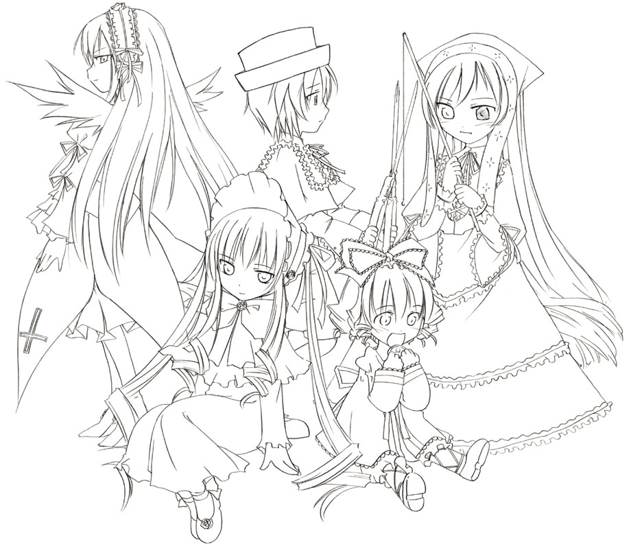 00s 5girls ankle_ribbon arm_support blush bonnet capelet cross dress drill_hair eating everyone fishing_rod flower full_body hairband happy hat heterochromia hina_ichigo inverted_cross long_hair looking_at_viewer looking_back looking_down looking_up monochrome multiple_girls profile rose rozen_maiden scissors shinku short_hair siblings simple_background sisters sitting souseiseki standing suigintou suiseiseki takami_ryou top_hat twins twintails very_long_hair wings