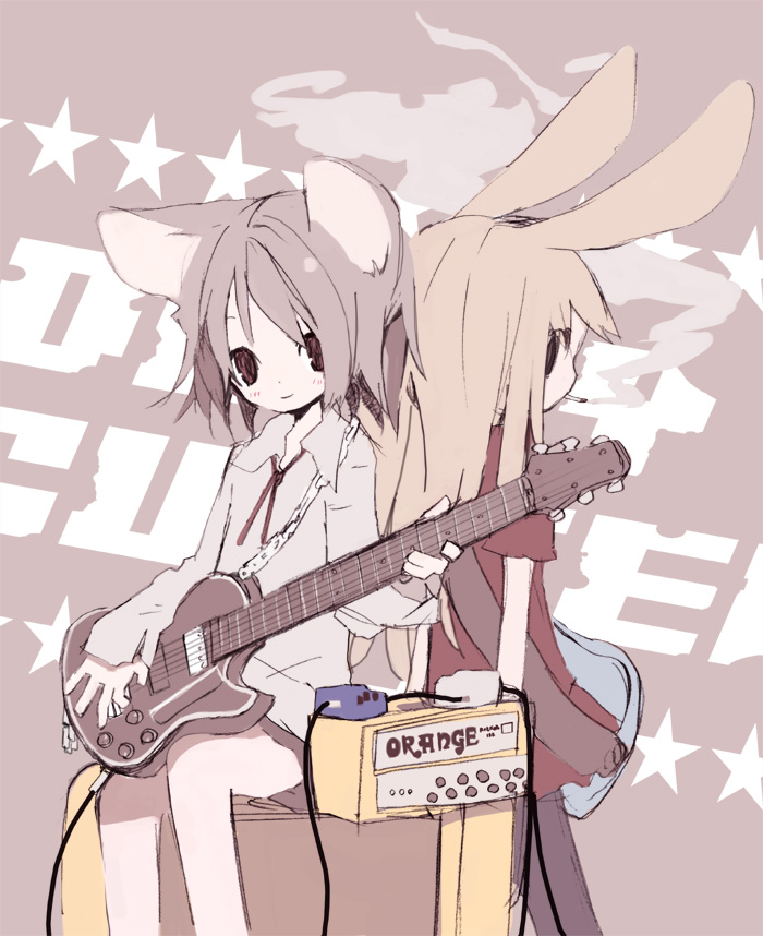 2girls animal_ears cat_ears electric_guitar guitar instrument mitsuki_mouse multiple_girls original rabbit_ears