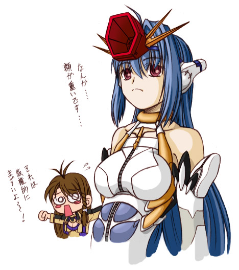 2girls blue_hair braid breasts brown_hair chigumaya elbow_gloves glasses gloves gundam gundam_zz kos-mos long_hair multiple_girls red_eyes shion_uzuki side_braid translated xeno_(series) xenosaga