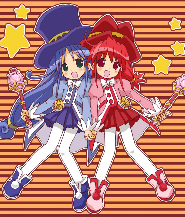 2girls fine fushigiboshi_no_futago_hime haikuro hand_holding hat interlocked_fingers multiple_girls pantyhose red_skirt rein skirt top_hat wand