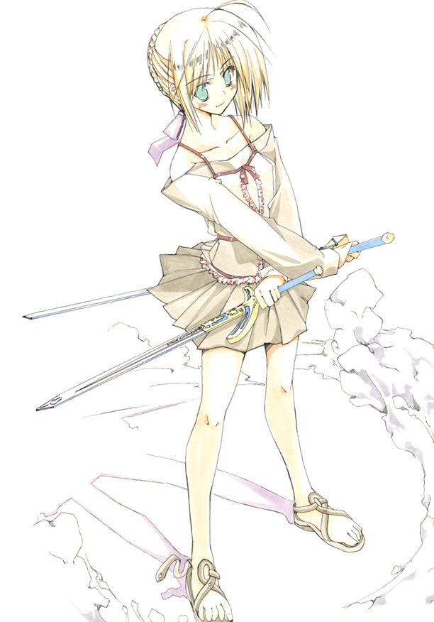 10mo 1girl aqua_eyes bare_shoulders blonde_hair caliburn casual dual_wielding excalibur fate/stay_night fate_(series) saber sandals skirt solo sword weapon