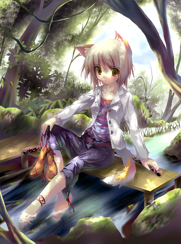 1girl animal_ears barefoot blonde_hair creek feet_in_water fox_ears holding holding_shoes katana nature original river shoes shoes_removed short_hair soaking_feet solo stream sword tail tree tree_shade water weapon yamamoto_nori yellow_eyes