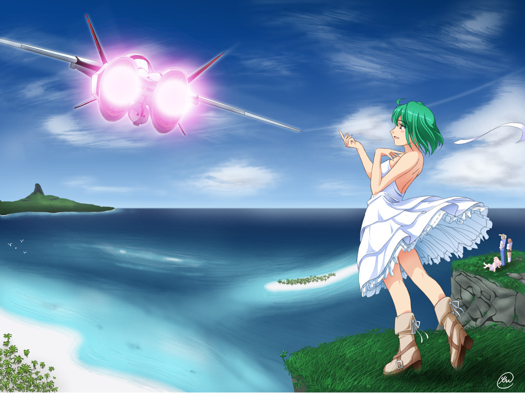 green_hair luca_angeloni macross macross_frontier mecha mikhail_buran ranka_lee red_eyes sheryl_nome tri vf-25