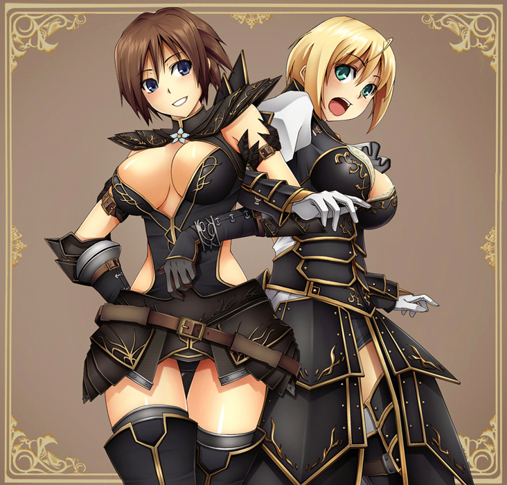 :o ahoge aqua_eyes armlet armor armored_dress back-to-back bangs belt black_gloves black_legwear blonde_hair blue_eyes blush border breasts brown_background brown_hair cleavage crossed_legs dress elbow_gloves gloves grin hand_on_hip lace large_breasts locked_arms looking_at_viewer looking_back midriff monster_hunter monster_hunter_frontier multiple_girls no_bra noir_(armor) open_mouth short_dress short_hair side_slit simple_background sitting smile standing strap surprised taiyou thigh-highs thigh_gap thighhighs turtleneck white_gloves zettai_ryouiki