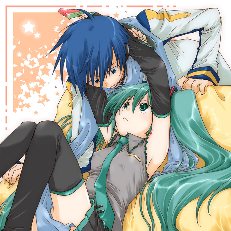 aqua_eyes aqua_hair armpits bad_id boots detached_sleeves erect_nipples frown hatsune_miku hotaru_takana hug kaito long_hair necktie popsicle scarf suika_bar thigh-highs thigh_boots thighhighs twintails vocaloid