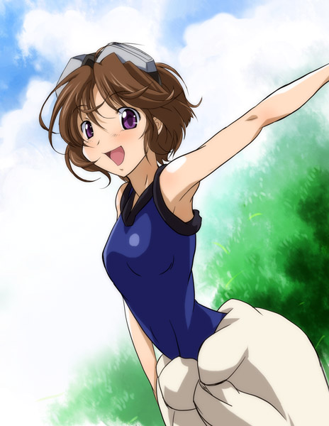 :d bad_id brown_hair cloud egvplus flat_chest goggles goggles_on_head midorigi_mura open_mouth outdoors purple_eyes rinrin rinrin_(sister_princess) short_hair sister_princess sky smile solo standing sweater_around_waist