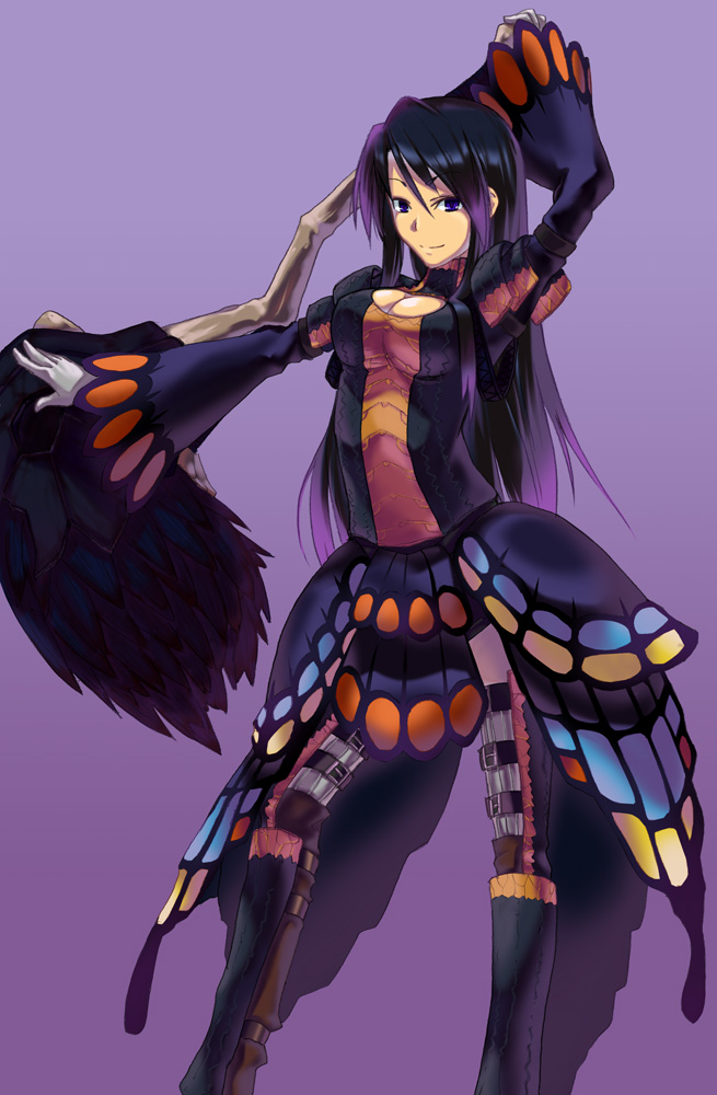 arm_up bangs black_hair blue_eyes boots breasts cleavage cleavage_cutout fighting_stance fur gloves gradient_hair gypceros_(armor) hammer knee_boots loincloth long_hair looking_away monster_hunter multicolored_hair outstretched_arm papimel_(armor) parted_bangs purple_hair simple_background skirt smile solo standing strap thigh_strap thighhighs turtleneck very_long_hair weapon wide_sleeves y/n zettai_ryouiki