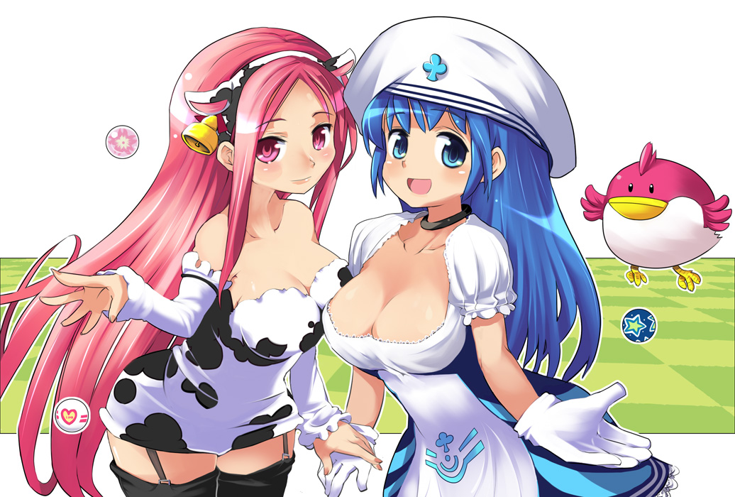 animal_ears arin ball bell blue_eyes blue_hair breasts choker cleavage cow_bell cow_ears cow_girl cow_print cowgirl detached_sleeves gloves golf_ball happy kaze long_hair lucia multiple_girls pangya pink_eyes pink_hair sasago_kaze smile thigh-highs thighhighs