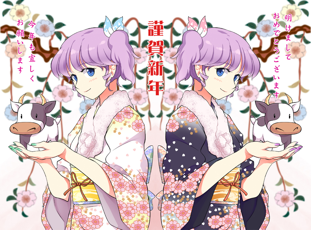 akihazama bad_id blue_eyes cow dj_max_portable hair_ribbon japanese_clothes kimono ladymade_star new_year purple_hair ribbon seha siblings side_ponytail twins