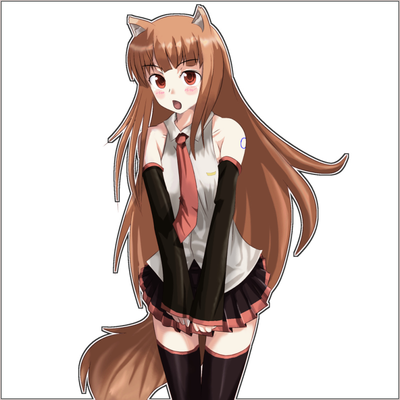 animal_ears bare_shoulders black_legwear blush brown_hair cosplay covering covering_crotch detached_sleeves hatsune_miku hatsune_miku_(cosplay) holo long_hair necktie pleated_skirt red_eyes skirt skirt_tug sleeveless_shirt solo spice_and_wolf tail thigh-highs thighhighs vocaloid wolf_ears zettai_ryouiki