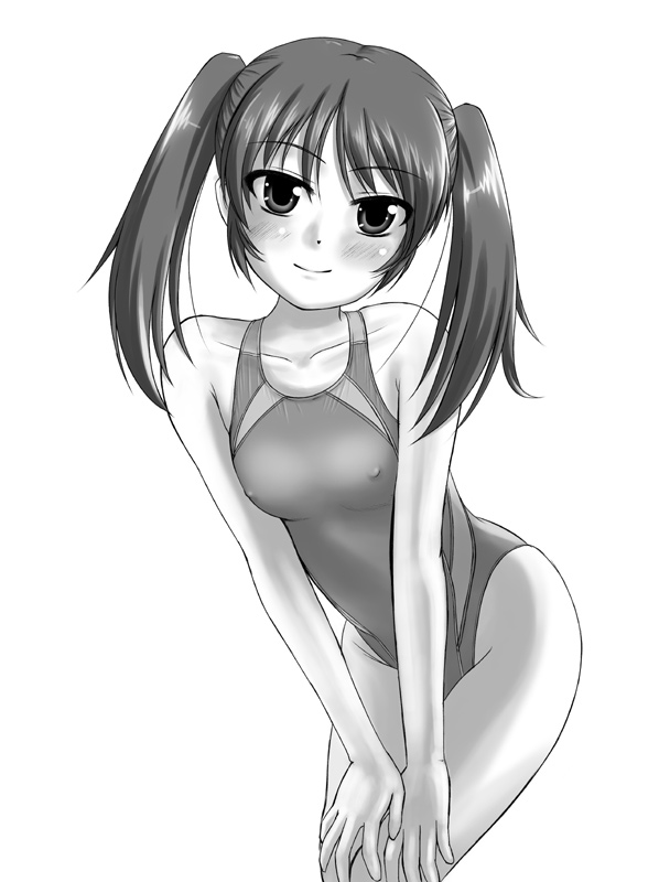 erect_nipples leaning_forward long_hair monochrome one-piece_swimsuit original swimsuit tk4 twintails