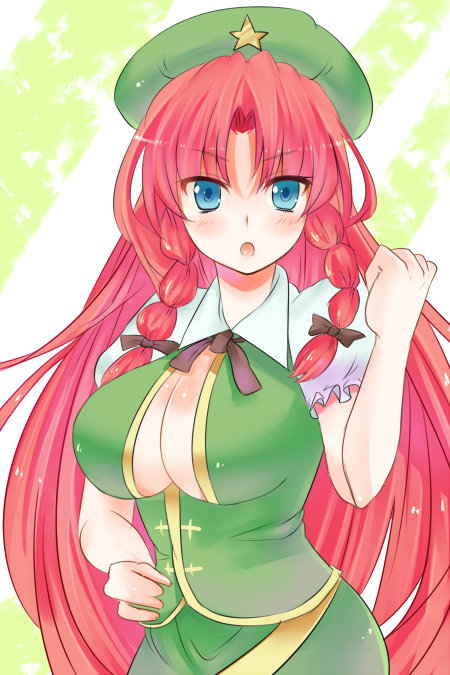 blue_eyes braid breasts cleavage hat hong_meiling impossible_clothes impossible_shirt large_breasts long_hair mamepon red_hair redhead shirt touhou twin_braids