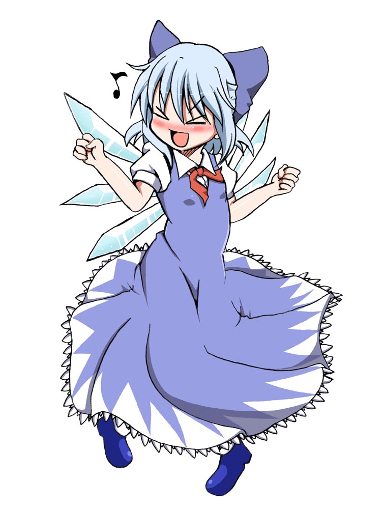&gt;_&lt; blue_hair blush cirno dancing hair_ribbon ice ice_wings musical_note open_mouth ribbon shino_(ponjiyuusu) simple_background solo touhou white_background wings