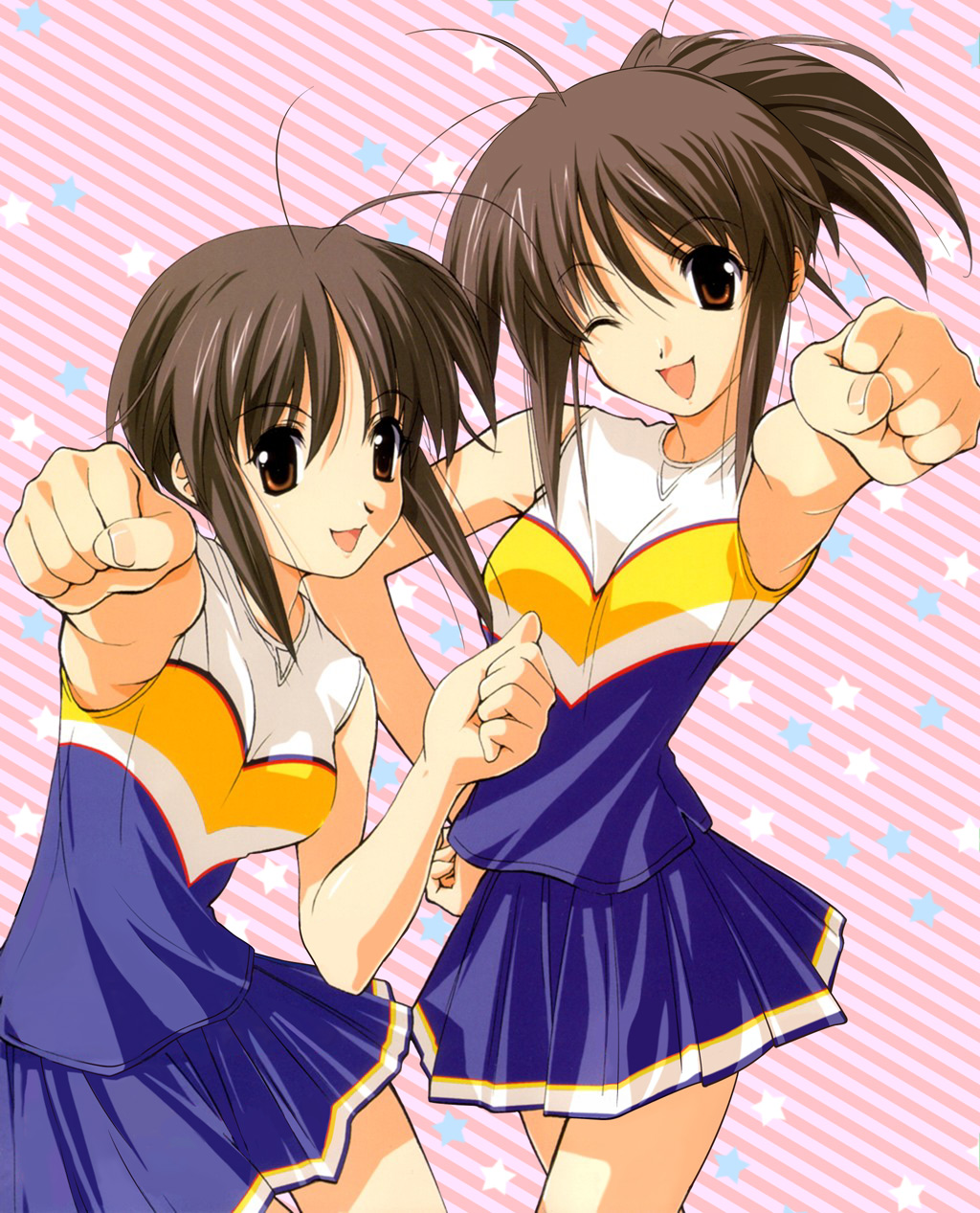 00s 2girls :d ;d antenna_hair armpits bangs bare_shoulders blue_skirt brown_eyes brown_hair cheerleader clenched_hands cowboy_shot diagonal_stripes foreshortening futakoi grey_hair hair_between_eyes hand_on_hip hand_up happy high_ponytail highres ichijou_kaoruko ichijou_sumireko leaning looking_at_viewer miniskirt multiple_girls official_art one_eye_closed open_mouth outstretched_arm parted_bangs pink_background pleated_skirt ponytail sasaki_mutsumi short_hair_with_long_locks short_ponytail siblings side_slit sidelocks sisters skinny skirt smile standing star starry_background striped striped_background tank_top thigh_gap twins wink