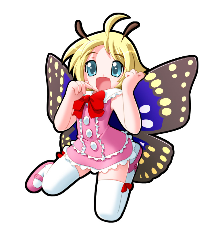 1boy antennae fairy full_body insect_wings kitsupon male_focus mary_janes pink_shoes shimon shimotsuma shoes simple_background solo thigh-highs trap white_background wings