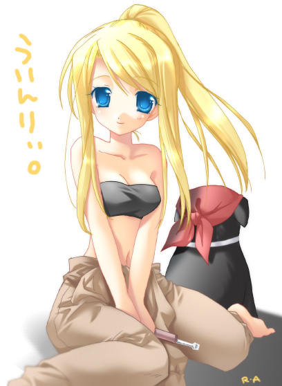 00s 1girl baggy_pants bandanna bandeau barefoot blonde_hair blue_eyes breasts den_(fma) dog fullmetal_alchemist midriff pants ponytail screwdriver small_breasts small_waist smile solo strapless tomboy tubetop winry_rockbell