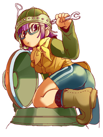 1girl 90s ass boots chrono_(series) chrono_trigger glasses helmet lowres lucca_ashtear neckerchief purple_hair short_hair solo violet_eyes wrench