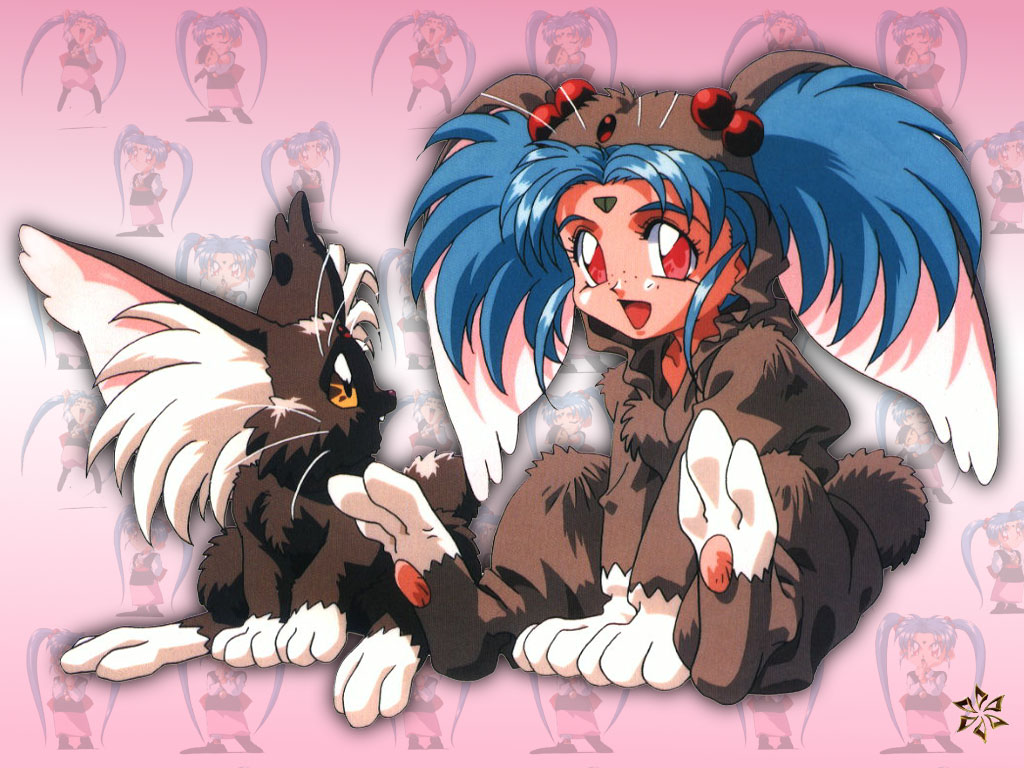 1girl 90s blue_hair facial_mark forehead_mark freckles kajishima_masaki masaki_sasami_jurai pink_eyes ryou-ouki solo tail tenchi_muyou!