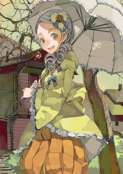 00s 1girl :d bare_tree black_bow blush bow building bush chimney dress drill_hair fakepucco frilled_sleeves frills green_dress green_eyes green_sky grey_hair hair_ornament heart_hair_ornament holding holding_umbrella house kanaria long_sleeves looking_at_viewer open_mouth outdoors pants parasol parted_lips plant puffy_long_sleeves puffy_sleeves rooftop rozen_maiden short_hair silver_hair smile solo standing tree twin_drills umbrella wide_sleeves