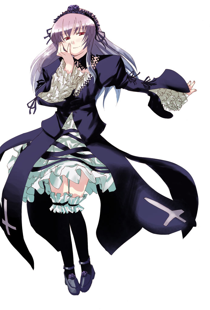 00s 1girl black_shoes blush choker cross-laced_clothes cross_print dress flower frilled_sleeves frills full_body hairband hand_on_own_face hota long_hair looking_at_viewer over-kneehighs purple_dress purple_hair rose rozen_maiden shoes simple_background smile solo standing suigintou thigh-highs white_background zettai_ryouiki