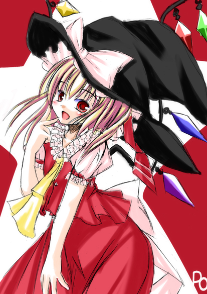 1girl alternate_headwear ascot blonde_hair female flandre_scarlet hat kirisame_marisa kirisame_marisa_(cosplay) red_eyes short_hair simple_background solo touhou wings witch_hat