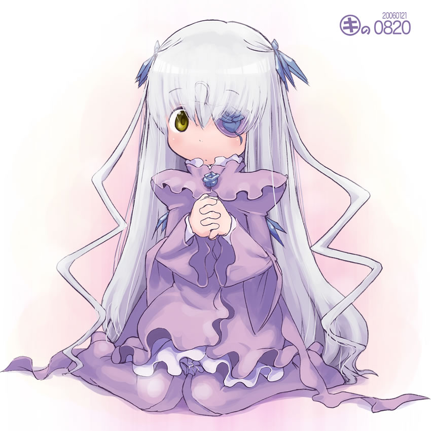 00s 1girl barasuishou dress flower_eyepatch frills interlocked_fingers kei_jiei long_hair looking_at_viewer pantyhose praying purple_dress rozen_maiden silver_hair simple_background sitting solo very_long_hair wariza yellow_eyes